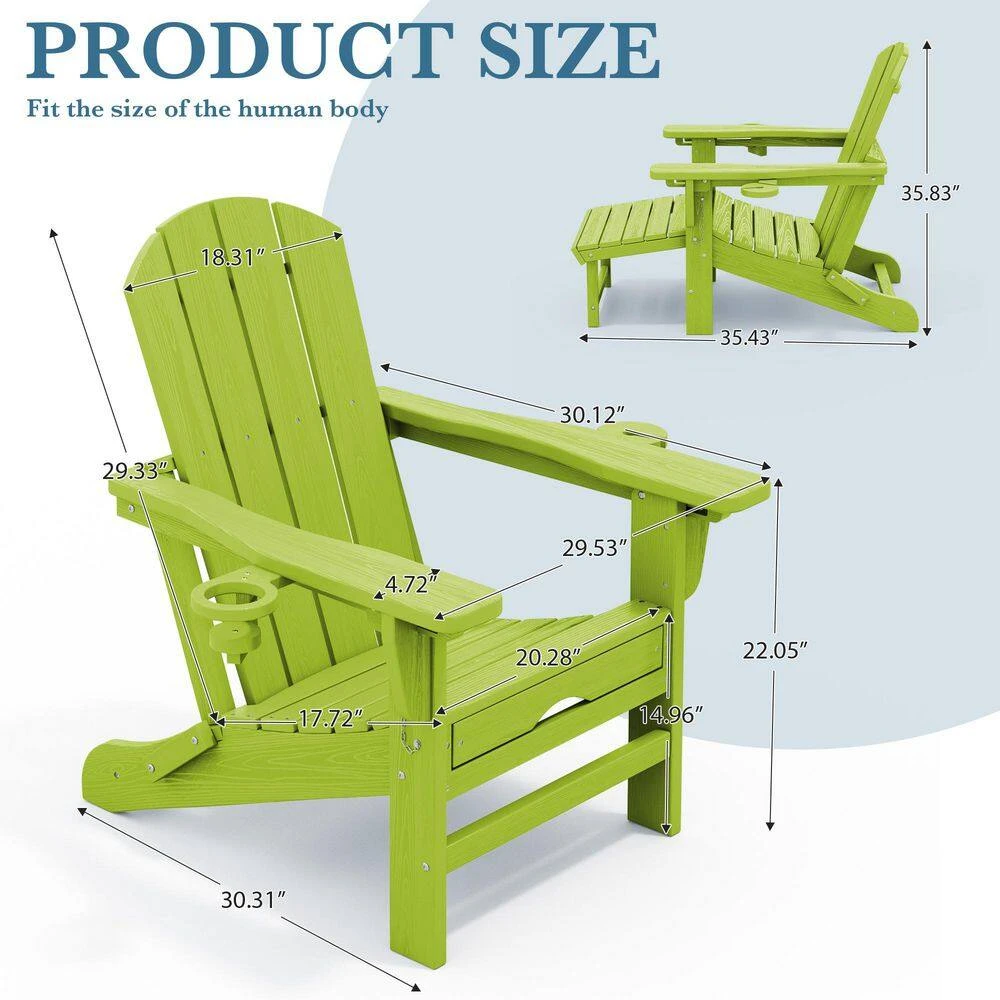 3-Level Adjustable Patio Folding Plastic Adirondack Chair With Retractable Ottoman, Cup And Phone Holders In Apple Green 3 3-Level Adjustable Patio Folding Plastic Adirondack Chair With Retractable Ottoman, Cup And Phone Holders In Apple Green - Image 3