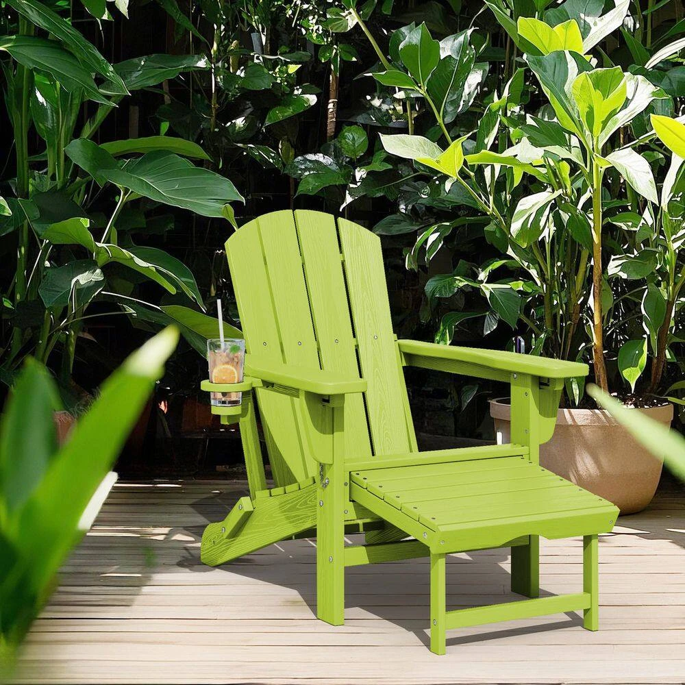3-Level Adjustable Patio Folding Plastic Adirondack Chair With Retractable Ottoman, Cup And Phone Holders In Apple Green 2 3-Level Adjustable Patio Folding Plastic Adirondack Chair With Retractable Ottoman, Cup And Phone Holders In Apple Green - Image 2