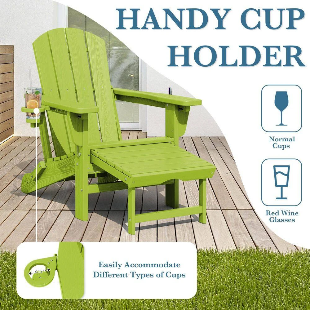 3-Level Adjustable Patio Folding Plastic Adirondack Chair With Retractable Ottoman, Cup And Phone Holders In Apple Green 7 3-Level Adjustable Patio Folding Plastic Adirondack Chair With Retractable Ottoman, Cup And Phone Holders In Apple Green - Image 7