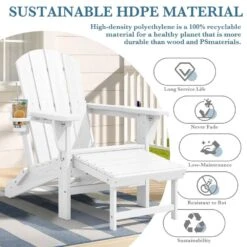 3-Level Adjustable Patio Folding Plastic Adirondack Chair With Retractable Ottoman, Cup And Phone Holders In White -Jearey jearey plastic adirondack chairs clgjtjy we 1f 1000