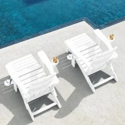 3-Level Adjustable Patio Folding Plastic Adirondack Chair With Retractable Ottoman, Cup And Phone Holders In White -Jearey jearey plastic adirondack chairs clgjtjy we 31 1000