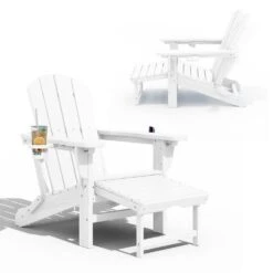 3-Level Adjustable Patio Folding Plastic Adirondack Chair With Retractable Ottoman, Cup And Phone Holders In White -Jearey jearey plastic adirondack chairs clgjtjy we 40 1000