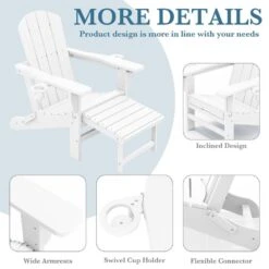 3-Level Adjustable Patio Folding Plastic Adirondack Chair With Retractable Ottoman, Cup And Phone Holders In White -Jearey jearey plastic adirondack chairs clgjtjy we 44 1000