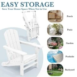 3-Level Adjustable Patio Folding Plastic Adirondack Chair With Retractable Ottoman, Cup And Phone Holders In White -Jearey jearey plastic adirondack chairs clgjtjy we 4f 1000