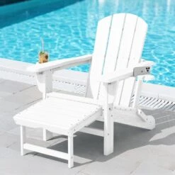 3-Level Adjustable Patio Folding Plastic Adirondack Chair With Retractable Ottoman, Cup And Phone Holders In White