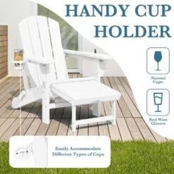 3-Level Adjustable Patio Folding Plastic Adirondack Chair With Retractable Ottoman, Cup And Phone Holders In White -Jearey jearey plastic adirondack chairs clgjtjy we fa 1000