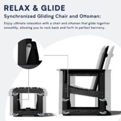 Black Outdoor All-Weather HDPE Plastic Rocking Adirondack Chair With Coordinated Gliding Footrest -Jearey jearey plastic adirondack chairs drybqwy bk 44 1000