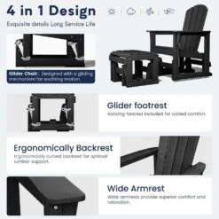 Black Outdoor All-Weather HDPE Plastic Rocking Adirondack Chair With Coordinated Gliding Footrest -Jearey jearey plastic adirondack chairs drybqwy bk c3 1000