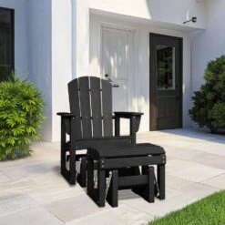 Black Outdoor All-Weather HDPE Plastic Rocking Adirondack Chair With Coordinated Gliding Footrest -Jearey jearey plastic adirondack chairs drybqwy bk de 1000