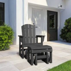 Gray Outdoor All-Weather HDPE Plastic Rocking Adirondack Chair With Coordinated Gliding Footrest -Jearey jearey plastic adirondack chairs drybqwy gr de 1000