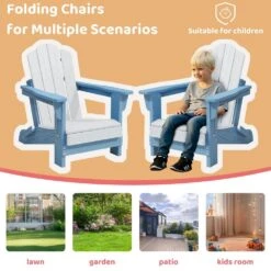 Children HDPE Folding All-Weather Adirondack Chair With Ergonomic And Safe Design, Blue/White -Jearey jearey plastic adirondack chairs etydy lb 1f 1000