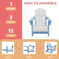 Children HDPE Folding All-Weather Adirondack Chair With Ergonomic And Safe Design, Blue/White -Jearey jearey plastic adirondack chairs etydy lb 44 1000