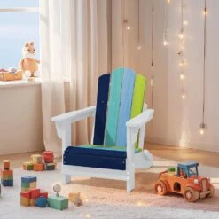 Children HDPE Folding All-Weather Adirondack Chair With Ergonomic And Safe Design, Navy Blue/Teal/Light Blue/Green