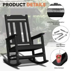 Black HDPE Plastic Adirondack Chair Outdoor Rocking Chair For Patio And Garden (1-Pack) -Jearey jearey plastic adirondack chairs jctrty bk 44 1000
