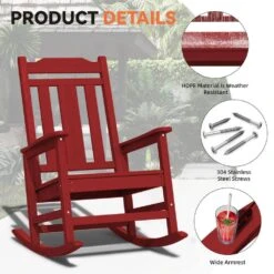Dark Red HDPE Plastic Adirondack Chair Outdoor Rocking Chair For Patio And Garden (1-Pack) -Jearey jearey plastic adirondack chairs jctrty dark red 44 1000