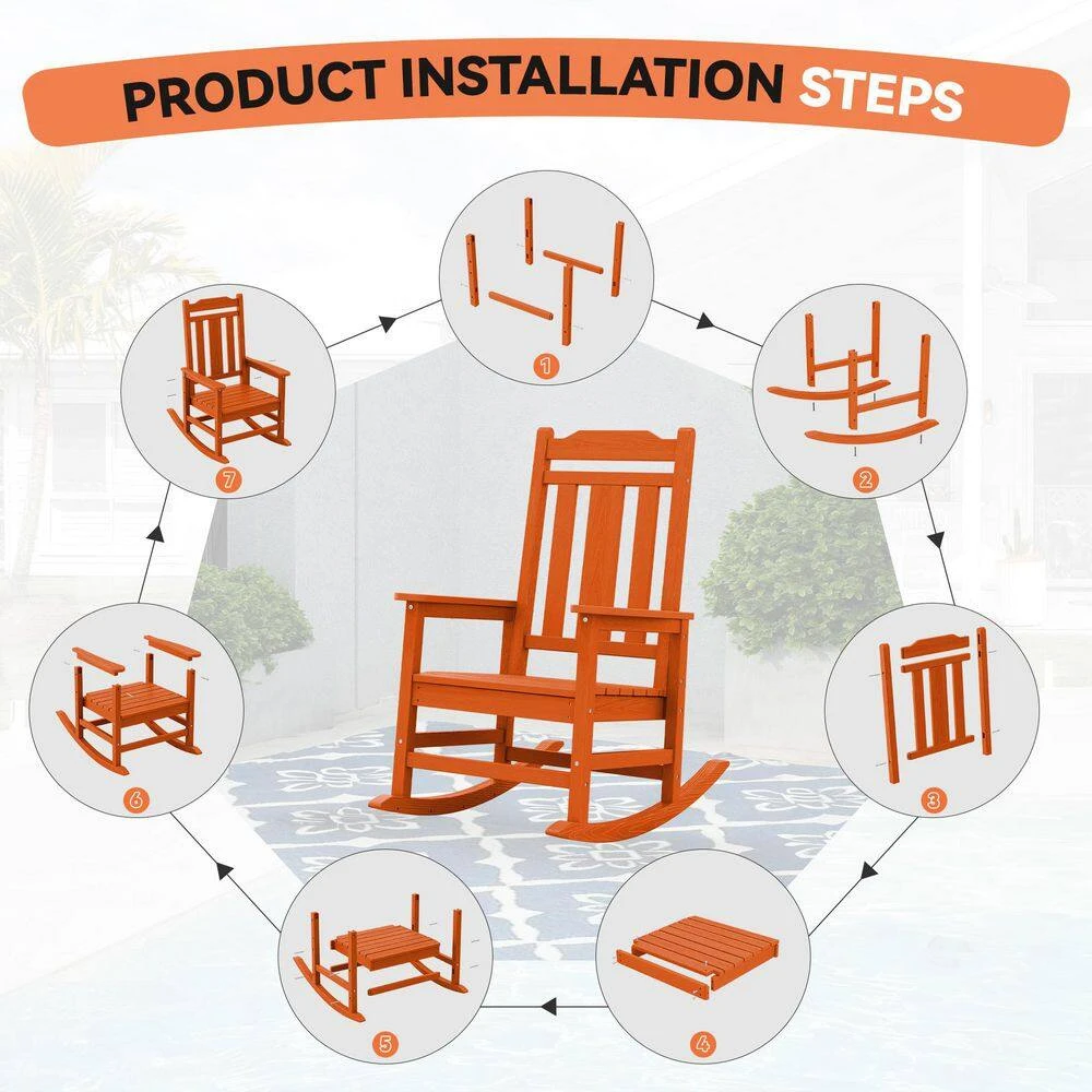 Dark Orange HDPE Plastic Adirondack Chair Outdoor Rocking Chair For Patio And Garden (1-Pack) 4 Dark Orange HDPE Plastic Adirondack Chair Outdoor Rocking Chair For Patio And Garden (1-Pack) - Image 4
