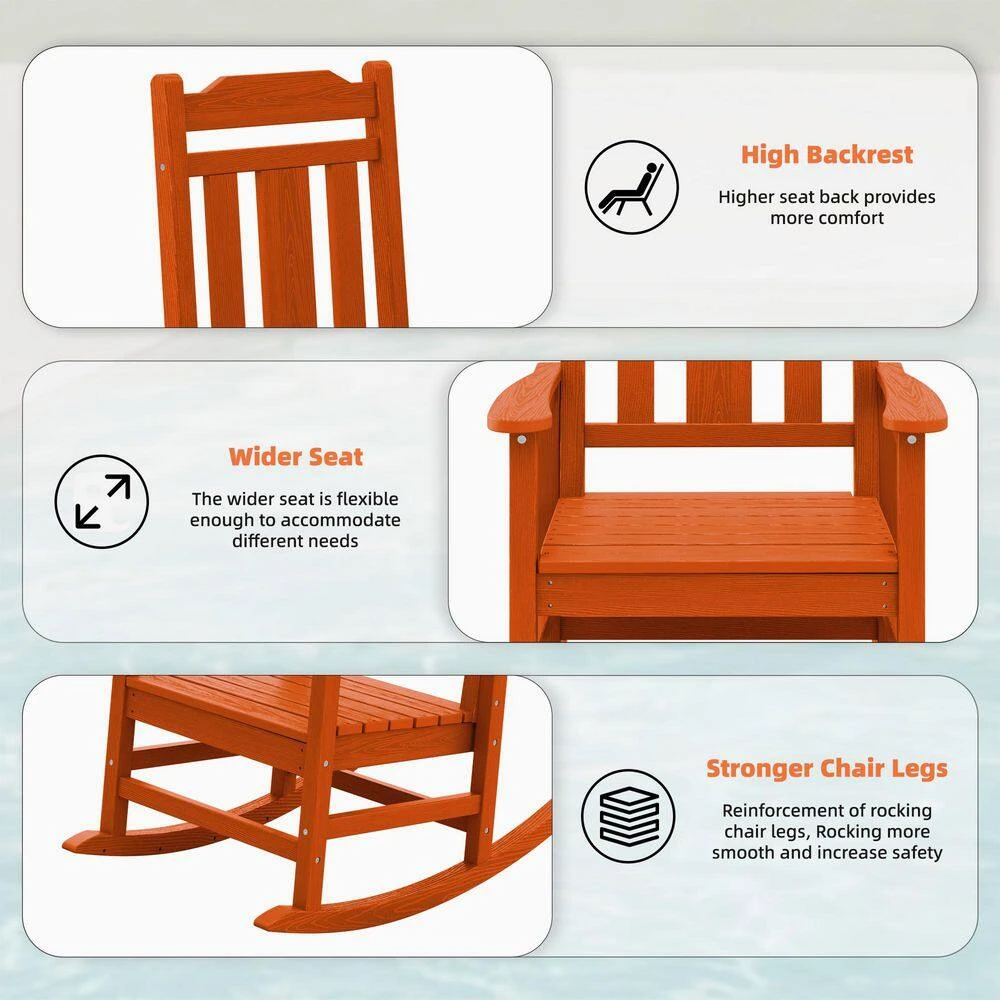 Dark Orange HDPE Plastic Adirondack Chair Outdoor Rocking Chair For Patio And Garden (1-Pack) 2 Dark Orange HDPE Plastic Adirondack Chair Outdoor Rocking Chair For Patio And Garden (1-Pack) - Image 2