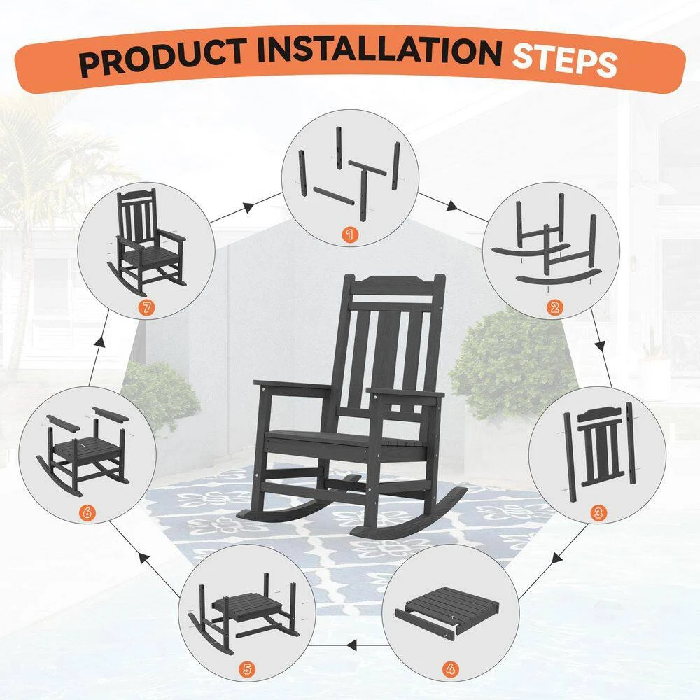 Gray HDPE Plastic Adirondack Chair Outdoor Rocking Chair For Patio And Garden (1-Pack) 4 Gray HDPE Plastic Adirondack Chair Outdoor Rocking Chair For Patio And Garden (1-Pack) - Image 4