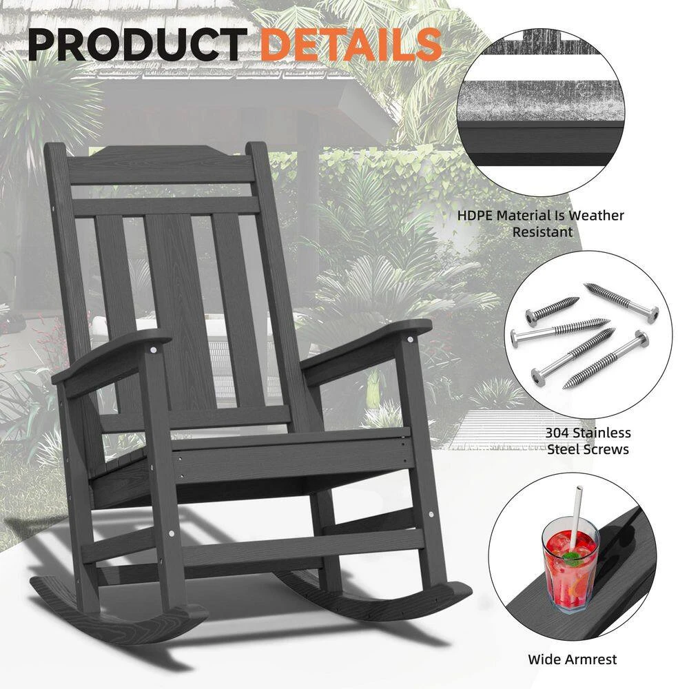 Gray HDPE Plastic Adirondack Chair Outdoor Rocking Chair For Patio And Garden (1-Pack) 5 Gray HDPE Plastic Adirondack Chair Outdoor Rocking Chair For Patio And Garden (1-Pack) - Image 5