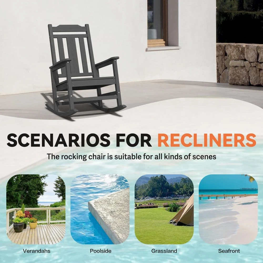 Gray HDPE Plastic Adirondack Chair Outdoor Rocking Chair For Patio And Garden (1-Pack) 3 Gray HDPE Plastic Adirondack Chair Outdoor Rocking Chair For Patio And Garden (1-Pack) - Image 3