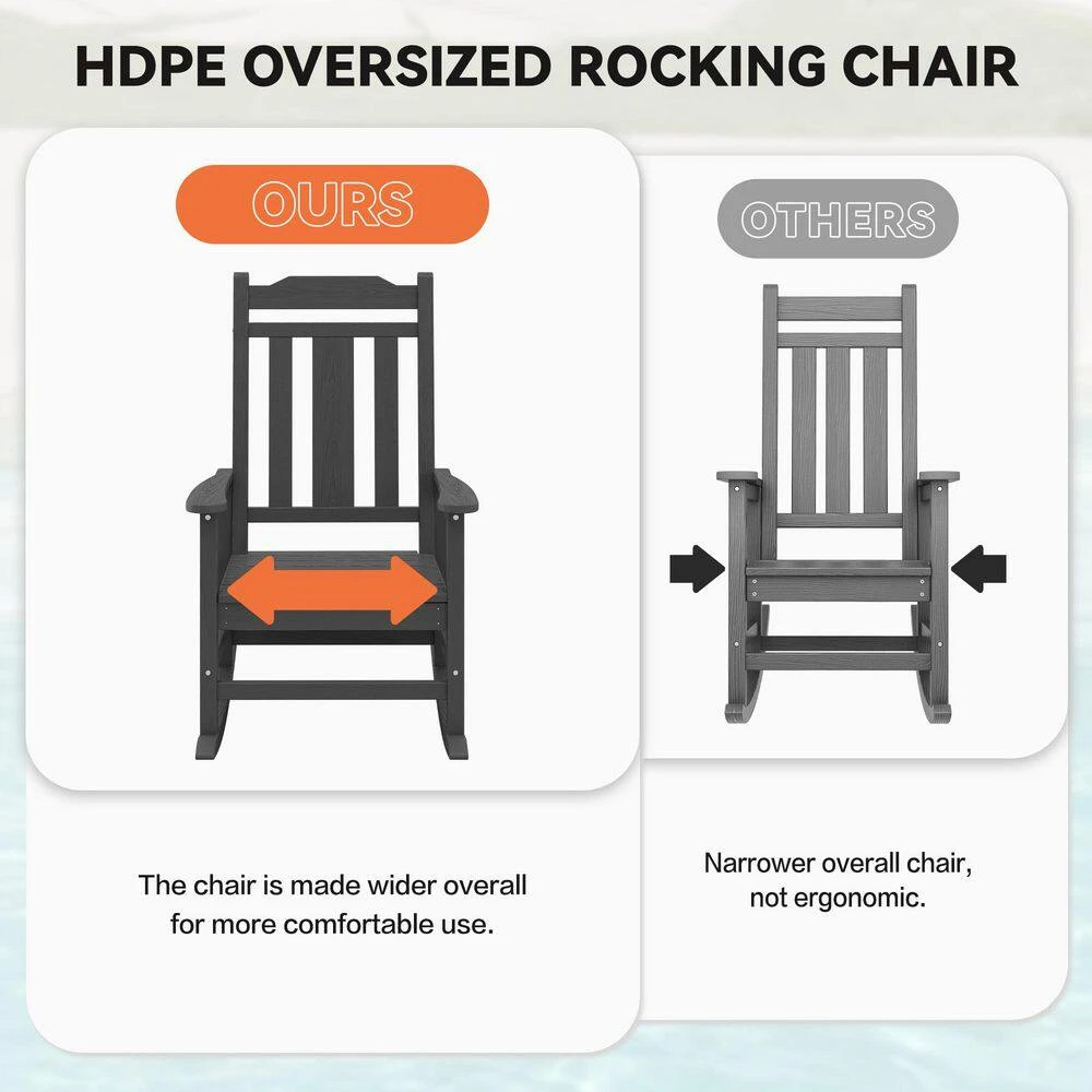 Gray HDPE Plastic Adirondack Chair Outdoor Rocking Chair For Patio And Garden (1-Pack) 7 Gray HDPE Plastic Adirondack Chair Outdoor Rocking Chair For Patio And Garden (1-Pack) - Image 7