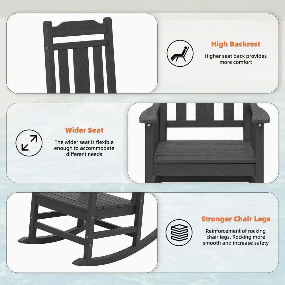 Gray HDPE Plastic Adirondack Chair Outdoor Rocking Chair For Patio And Garden (1-Pack) 2 Gray HDPE Plastic Adirondack Chair Outdoor Rocking Chair For Patio And Garden (1-Pack) - Image 2