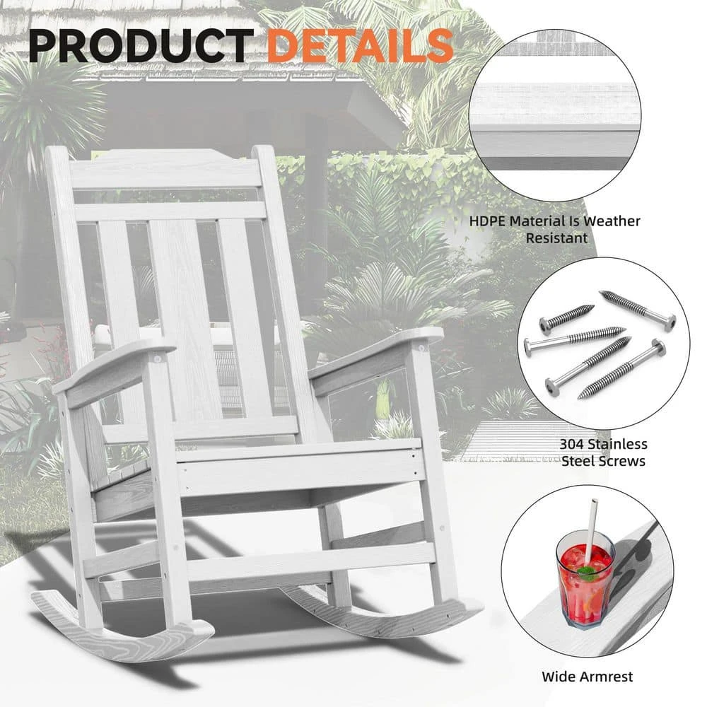 White HDPE Plastic Adirondack Chair Outdoor Rocking Chair For Patio And Garden (1-Pack) 5 White HDPE Plastic Adirondack Chair Outdoor Rocking Chair For Patio And Garden (1-Pack) - Image 5