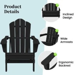 Black Folding HDPE Outdoor Patio Plastic Adirondack Chair With Ergonomic Design (1-Pack) -Jearey jearey plastic adirondack chairs jjydy bk 4f 1000