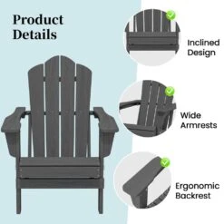 Gray Folding HDPE Outdoor Patio Plastic Adirondack Chair With Ergonomic Design (1-Pack) -Jearey jearey plastic adirondack chairs jjydy gr 4f 1000
