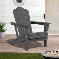 Gray Folding HDPE Outdoor Patio Plastic Adirondack Chair With Ergonomic Design (1-Pack)