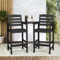 Black Modern HDPE Plastic Adirondack Chairs, Outdoor Bar Stools With Connecting Tray (Set Of 2) -Jearey jearey plastic adirondack chairs jysrgby black 31 1000