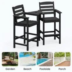 Black Modern HDPE Plastic Adirondack Chairs, Outdoor Bar Stools With Connecting Tray (Set Of 2) -Jearey jearey plastic adirondack chairs jysrgby black 44 1000