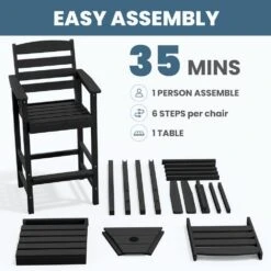 Black Modern HDPE Plastic Adirondack Chairs, Outdoor Bar Stools With Connecting Tray (Set Of 2) -Jearey jearey plastic adirondack chairs jysrgby black 4f 1000