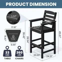 Black Modern HDPE Plastic Adirondack Chairs, Outdoor Bar Stools With Connecting Tray (Set Of 2) -Jearey jearey plastic adirondack chairs jysrgby black c3 1000