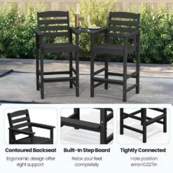 Black Modern HDPE Plastic Adirondack Chairs, Outdoor Bar Stools With Connecting Tray (Set Of 2) -Jearey jearey plastic adirondack chairs jysrgby black fa 1000