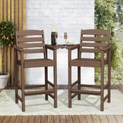 Brown Modern HDPE Plastic Adirondack Chairs, Outdoor Bar Stools With Connecting Tray (Set Of 2) -Jearey jearey plastic adirondack chairs jysrgby brown 31 1000