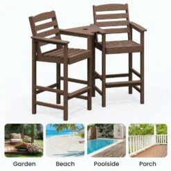 Brown Modern HDPE Plastic Adirondack Chairs, Outdoor Bar Stools With Connecting Tray (Set Of 2) -Jearey jearey plastic adirondack chairs jysrgby brown 44 1000
