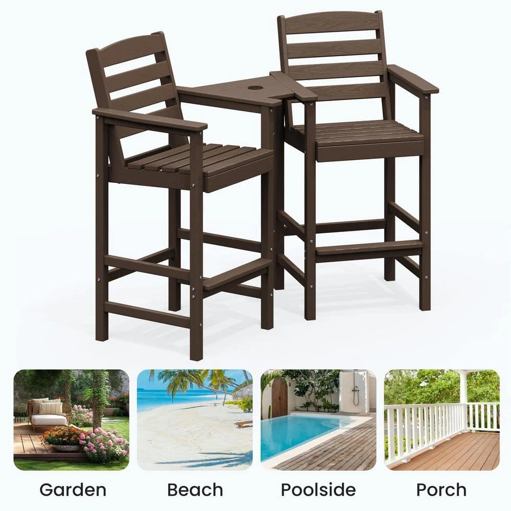 Coffee Brown Modern HDPE Plastic Adirondack Chairs, Outdoor Bar Stools With Connecting Tray (Set Of 2) 6 Coffee Brown Modern HDPE Plastic Adirondack Chairs, Outdoor Bar Stools With Connecting Tray (Set Of 2) - Image 6