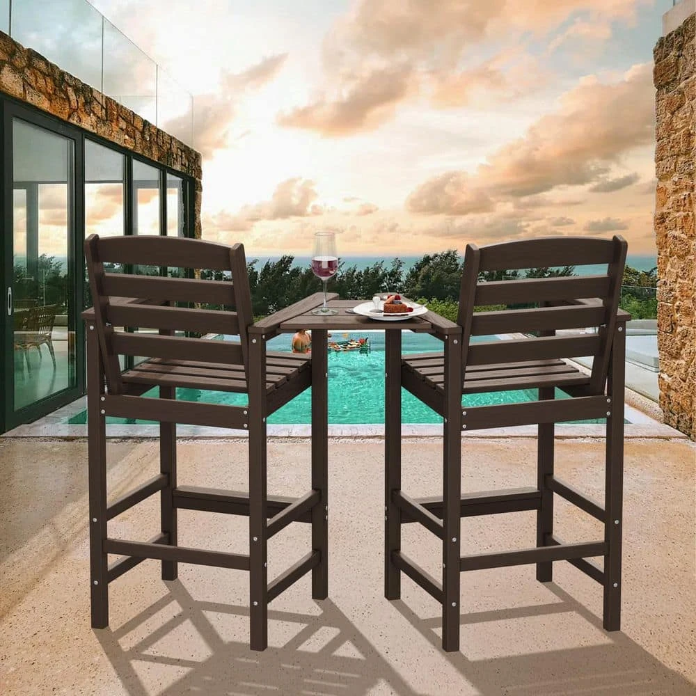 Coffee Brown Modern HDPE Plastic Adirondack Chairs, Outdoor Bar Stools With Connecting Tray (Set Of 2) 2 Coffee Brown Modern HDPE Plastic Adirondack Chairs, Outdoor Bar Stools With Connecting Tray (Set Of 2) - Image 2