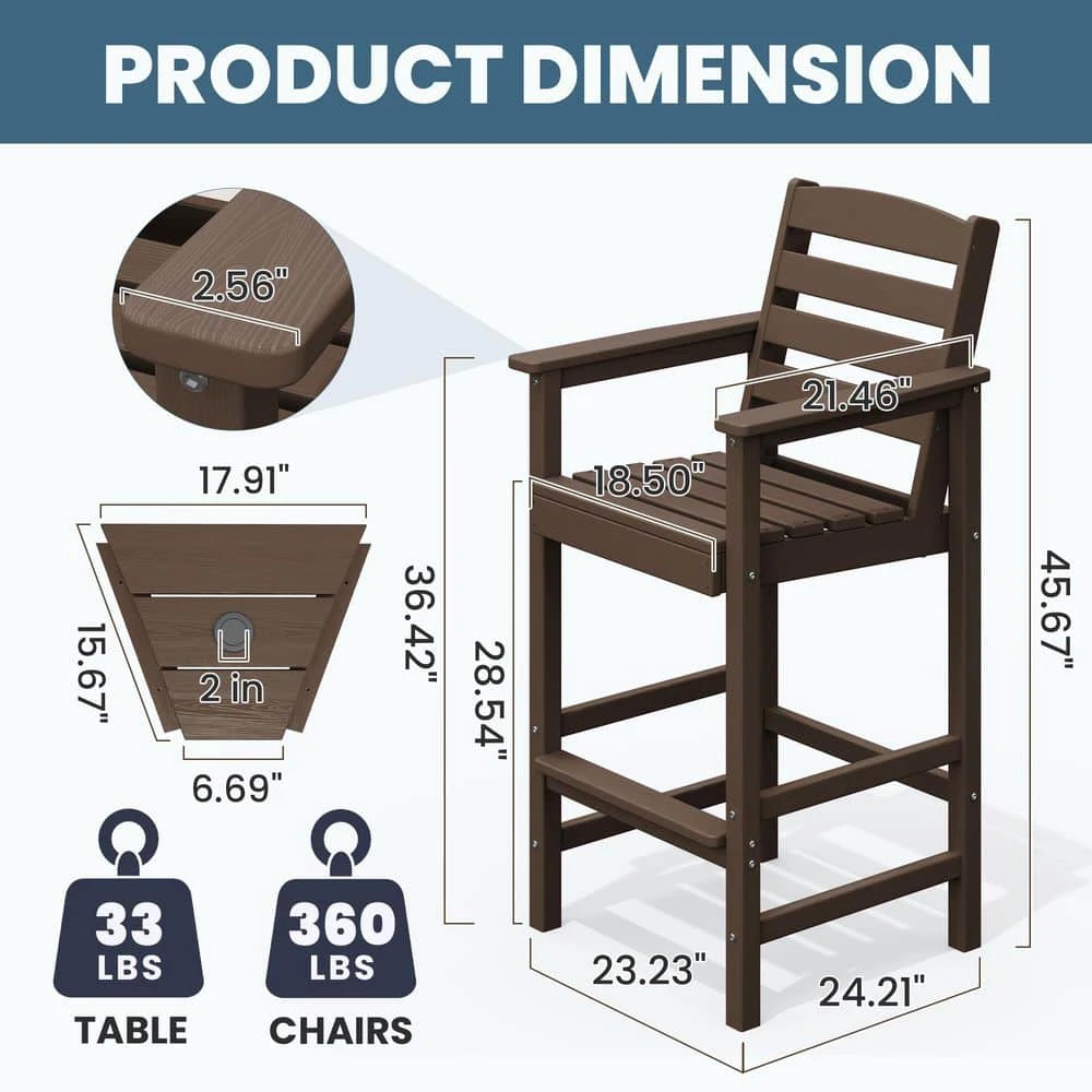 Coffee Brown Modern HDPE Plastic Adirondack Chairs, Outdoor Bar Stools With Connecting Tray (Set Of 2) 3 Coffee Brown Modern HDPE Plastic Adirondack Chairs, Outdoor Bar Stools With Connecting Tray (Set Of 2) - Image 3