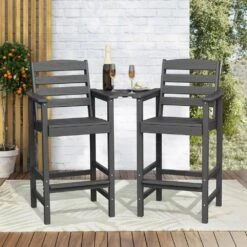 Gray Modern HDPE Plastic Adirondack Chairs, Outdoor Bar Stools With Connecting Tray (Set Of 2) -Jearey jearey plastic adirondack chairs jysrgby gray 31 1000