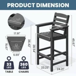Gray Modern HDPE Plastic Adirondack Chairs, Outdoor Bar Stools With Connecting Tray (Set Of 2) -Jearey jearey plastic adirondack chairs jysrgby gray c3 1000