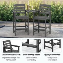 Gray Modern HDPE Plastic Adirondack Chairs, Outdoor Bar Stools With Connecting Tray (Set Of 2) -Jearey jearey plastic adirondack chairs jysrgby gray fa 1000
