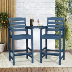 Navy Modern HDPE Plastic Adirondack Chairs, Outdoor Bar Stools With Connecting Tray (Set Of 2) -Jearey jearey plastic adirondack chairs jysrgby navy 31 1000