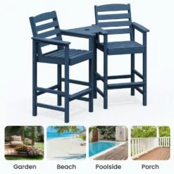 Navy Modern HDPE Plastic Adirondack Chairs, Outdoor Bar Stools With Connecting Tray (Set Of 2) -Jearey jearey plastic adirondack chairs jysrgby navy 44 1000