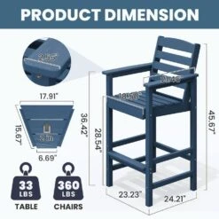 Navy Modern HDPE Plastic Adirondack Chairs, Outdoor Bar Stools With Connecting Tray (Set Of 2) -Jearey jearey plastic adirondack chairs jysrgby navy c3 1000