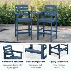 Navy Modern HDPE Plastic Adirondack Chairs, Outdoor Bar Stools With Connecting Tray (Set Of 2) -Jearey jearey plastic adirondack chairs jysrgby navy fa 1000