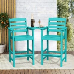 Tiffany Blue Modern HDPE Plastic Adirondack Chairs, Outdoor Bar Stools With Connecting Tray (Set Of 2) -Jearey jearey plastic adirondack chairs jysrgby tfn 31 1000