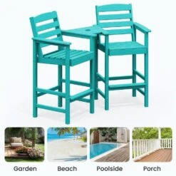 Tiffany Blue Modern HDPE Plastic Adirondack Chairs, Outdoor Bar Stools With Connecting Tray (Set Of 2) -Jearey jearey plastic adirondack chairs jysrgby tfn 44 1000