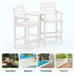 White Modern HDPE Plastic Adirondack Chairs, Outdoor Bar Stools With Connecting Tray (Set Of 2) -Jearey jearey plastic adirondack chairs jysrgby white 44 1000